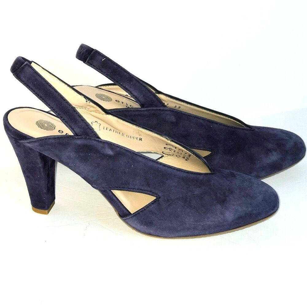 ERIC MICHAEL Sandals BOUTIQUE Suede Leather Blue Slingback Heels Women 8.5 NEW